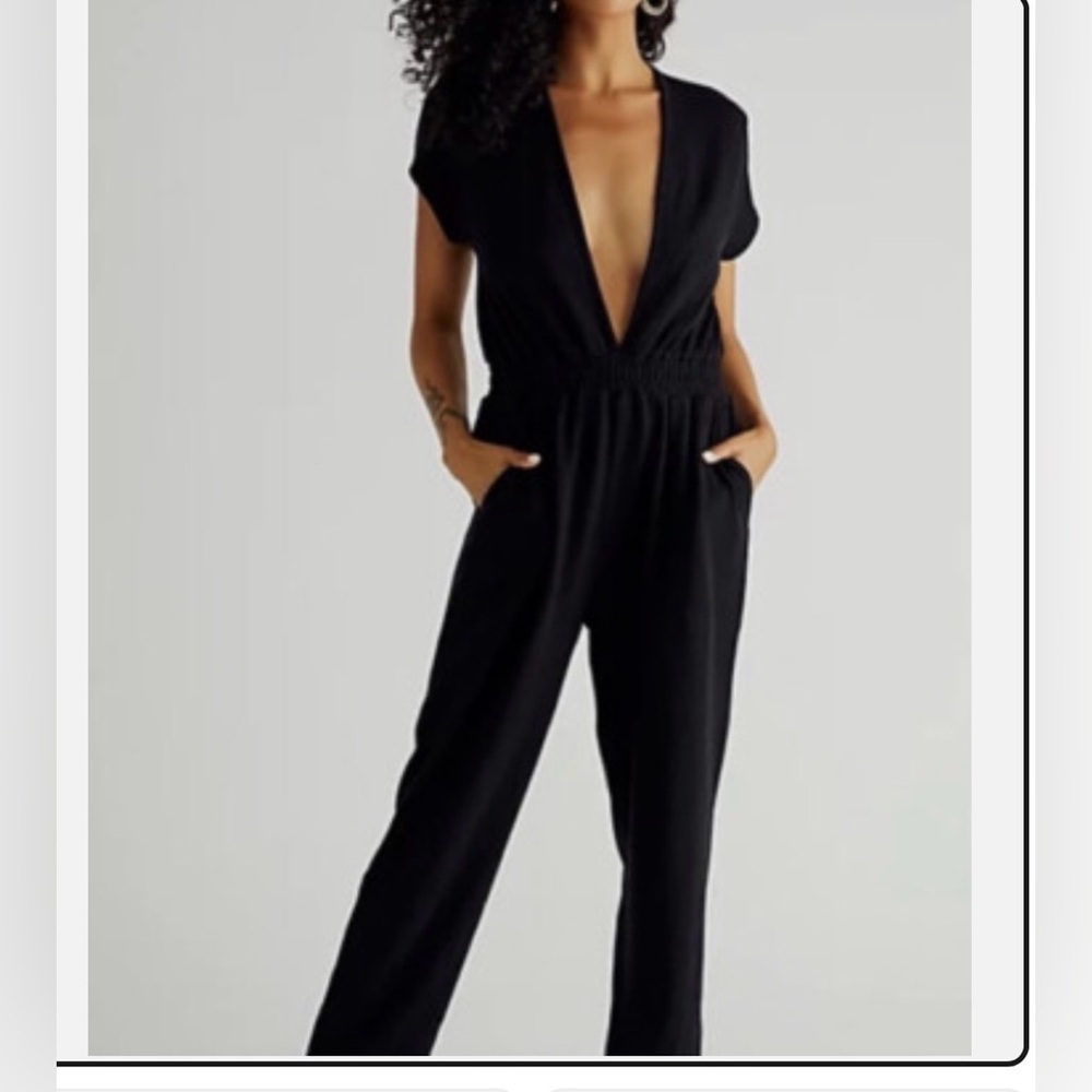 Deep V-Neck Black terry Jumpsuit by Free People Beach